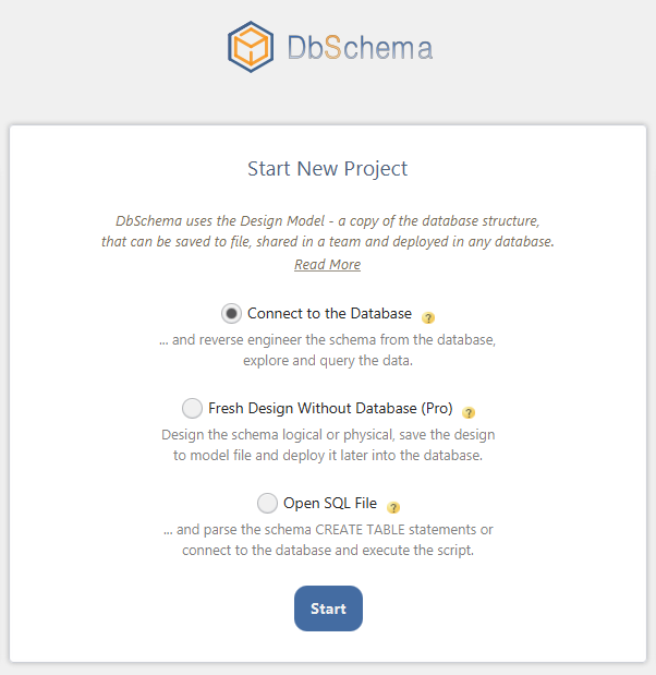 DbSchema Welcome Screen