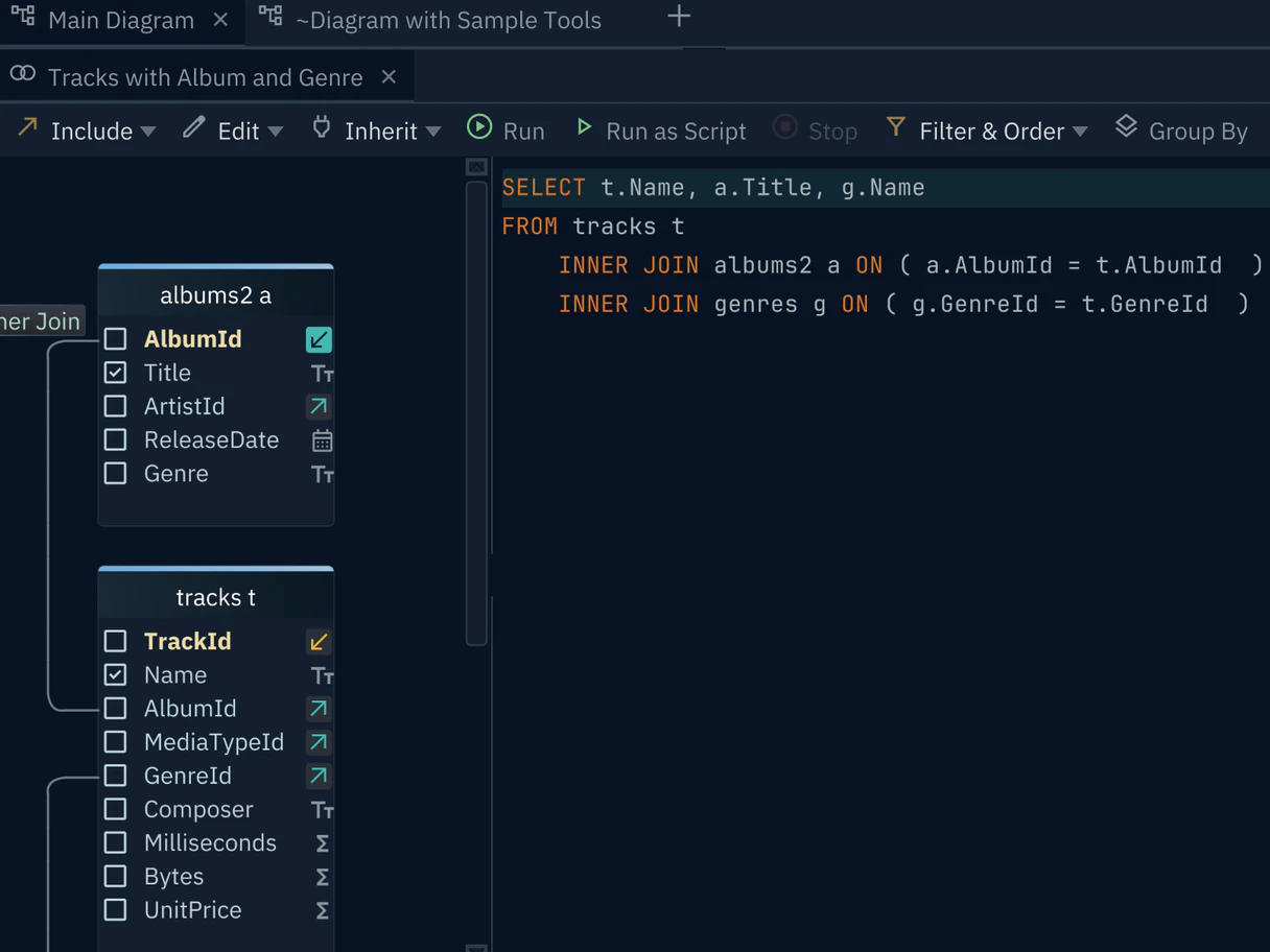 The Visual Query Builder joining tables, with the SQL it generates in the preview pane