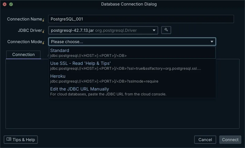 The Connection Mode list in DbSchema for PostgreSQL, each entry previewing the JDBC URL it builds, including the SSL variant