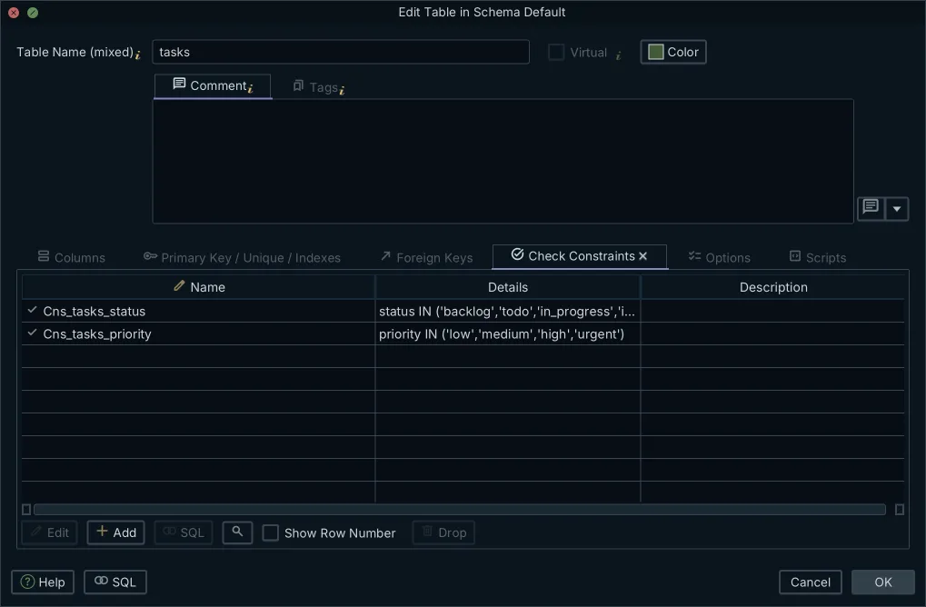 SQLite CHECK constraints in the DbSchema table editor with synthesised names and their IN lists