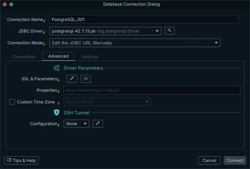 The Advanced tab of DbSchema's connection dialog showing the SSL and parameters editor, the driver properties field and the SSH tunnel section