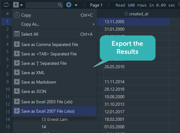 Query Export in DbSchema