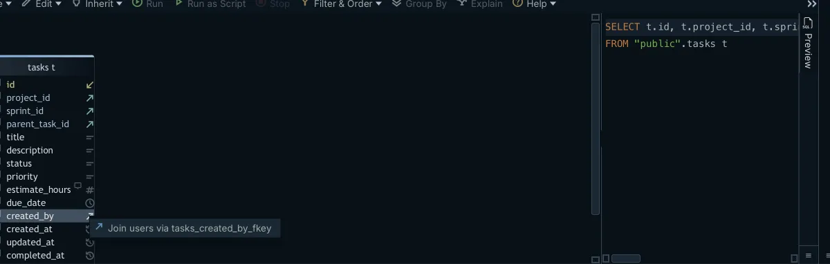DbSchema's visual query builder offering to join users via the tasks_created_by_fkey foreign key from the created_by column, before the join is added