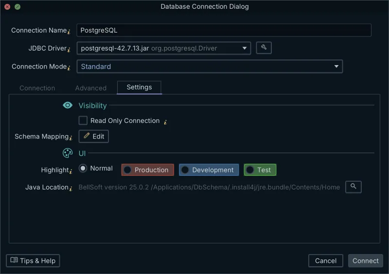 DbSchema's connection Settings tab showing the Read Only Connection checkbox and the Production environment highlight
