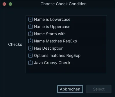 DbSchema Model Validation dialog with the list of check conditions for a validator