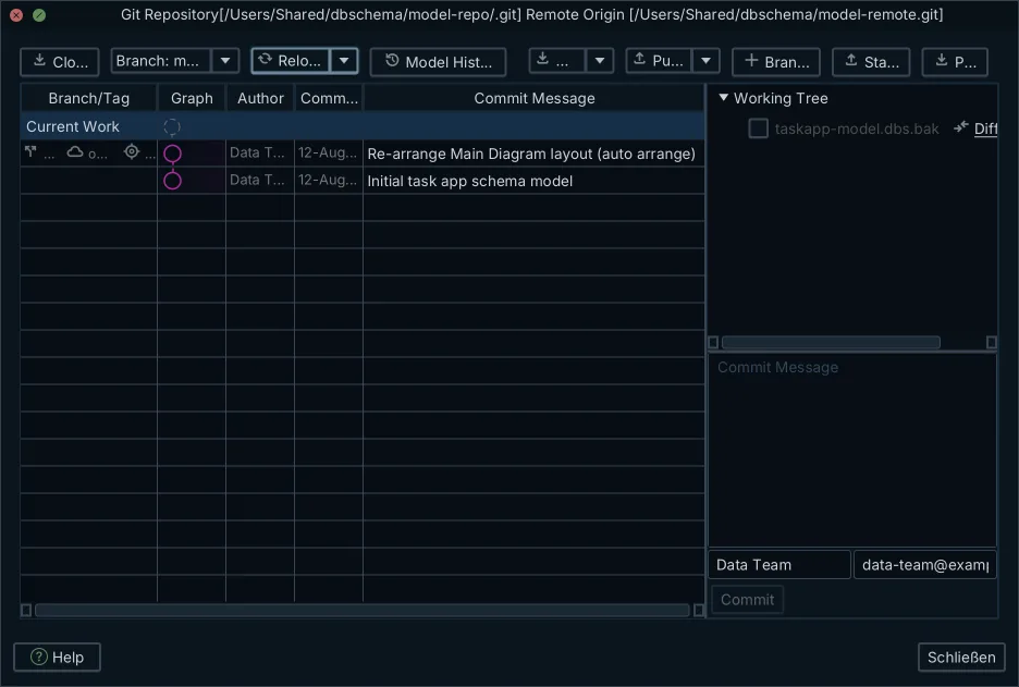 Committing and pushing a changed .dbs model from inside DbSchema's Git Collaboration dialog