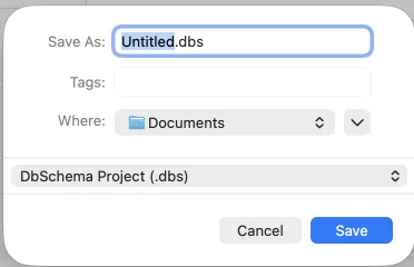The Save Model to File dialog writing the DbSchema .dbs project file that holds diagrams, layouts and virtual foreign keys
