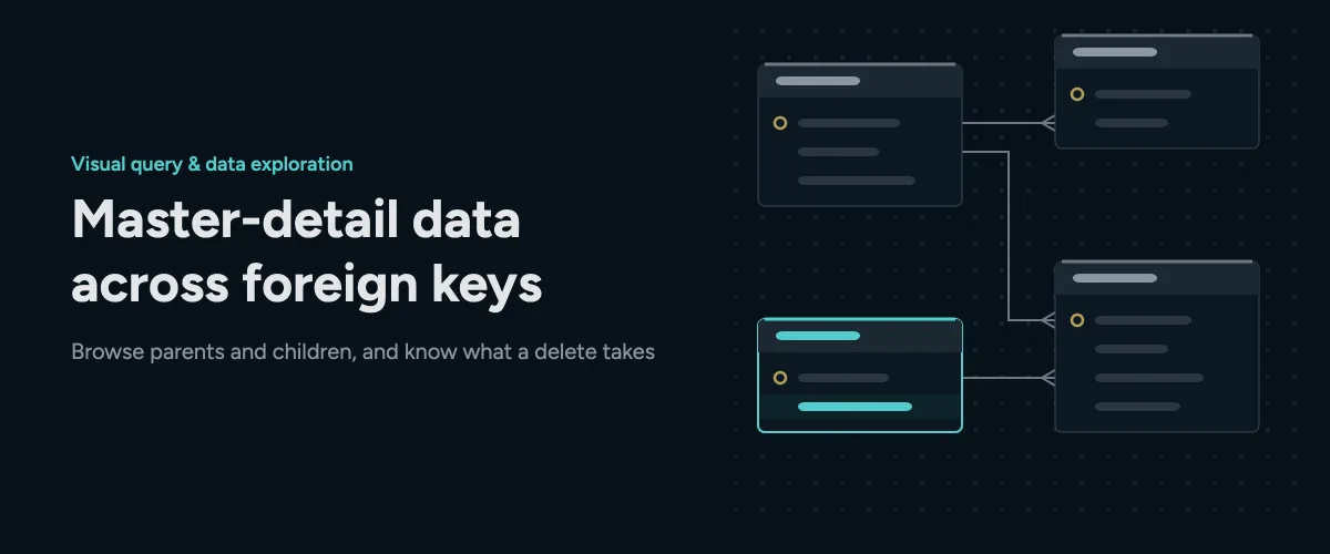 Key visual: the title Master-detail data across foreign keys on a dark background, next to four abstract table cards joined by connector lines, one card highlighted in teal