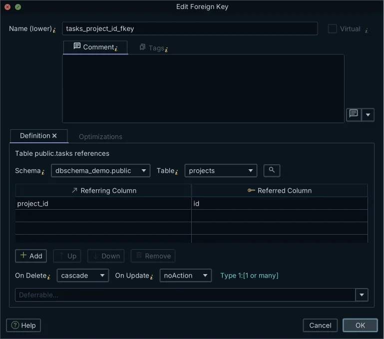 DbSchema Edit Foreign Key dialog with the column mapping and the ON UPDATE and ON DELETE referential actions