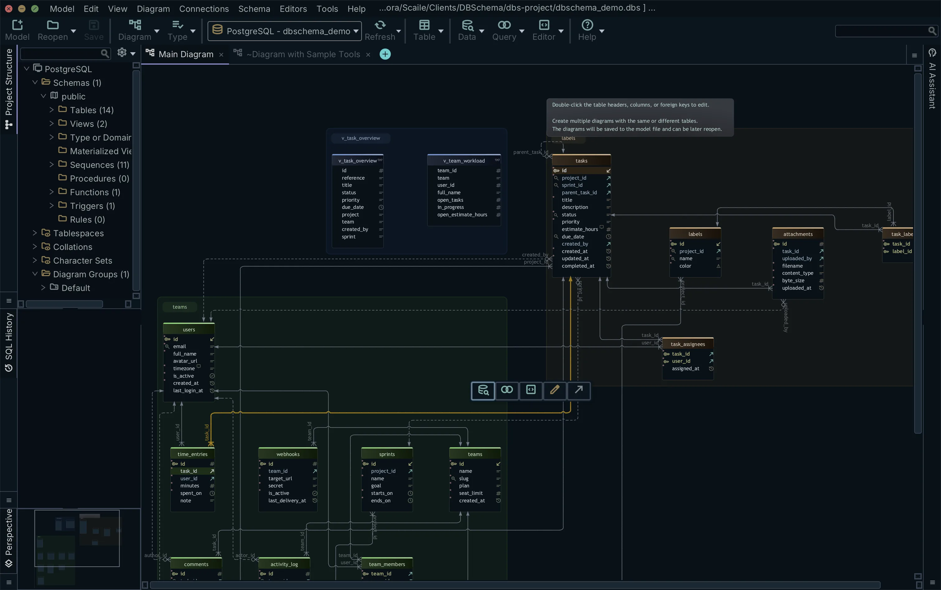 Foreign key selected on an ER diagram showing its cardinality