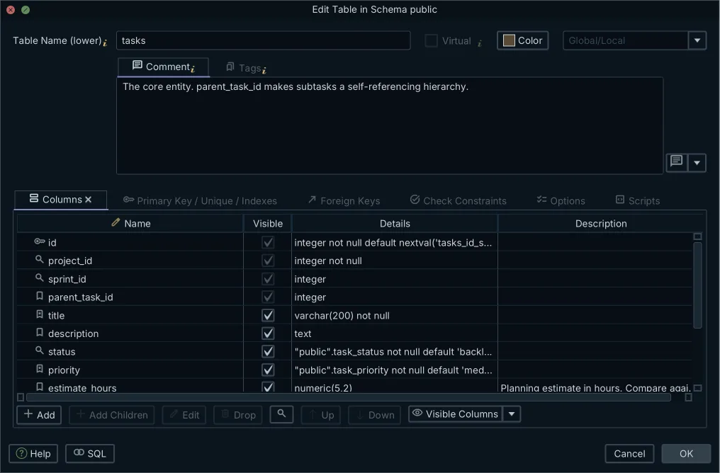 Table column editor with data types and NOT NULL settings per column