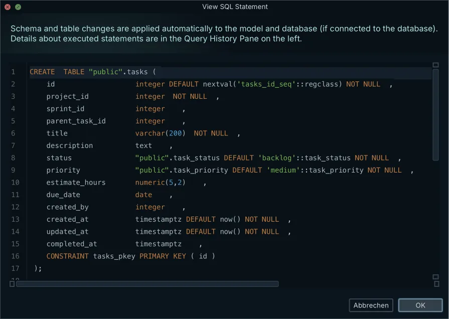 Generated DDL preview for the designed schema