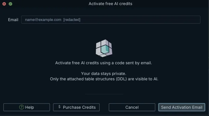 DbSchema Activate free AI credits dialog, stating that only attached table DDL is visible to AI