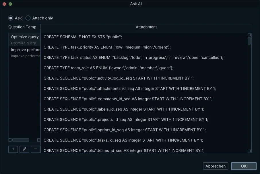 DbSchema Ask AI window showing the exact CREATE TABLE DDL payload before it is sent