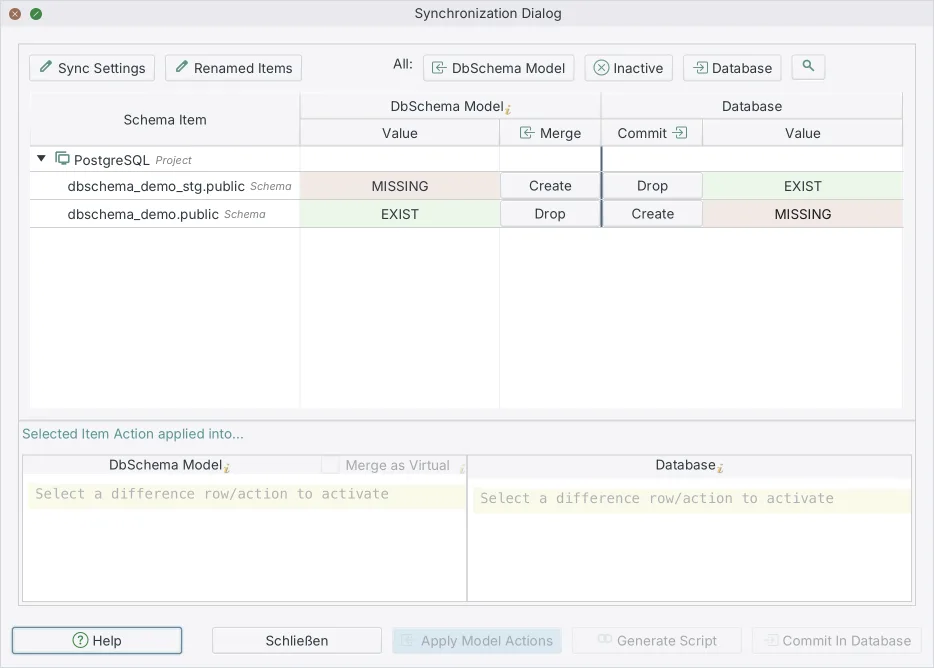 DbSchema's Synchronization Dialog showing a model-versus-database difference tree with per-object merge direction