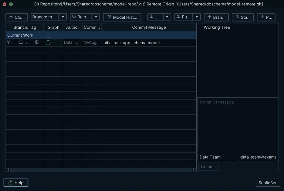 DbSchema's Git Collaboration dialog reading the repository that holds the .dbs model, with its remote detected