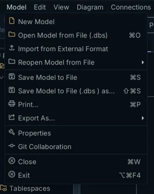 The DbSchema Model menu, with Git Collaboration alongside the .dbs open and save commands