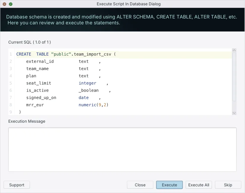DbSchema Execute Script In Database dialog stepping through the generated reverse DDL statements one at a time