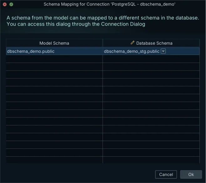 Schema Mapping dialog pairing the design model's schema with a staging database schema so the two environments can be compared