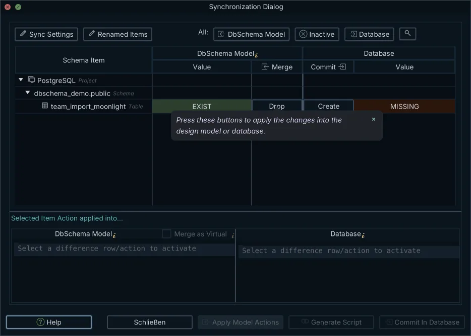 DbSchema Synchronization Dialog listing a table that exists in the design model but is missing from the connected database, with a per-object direction control