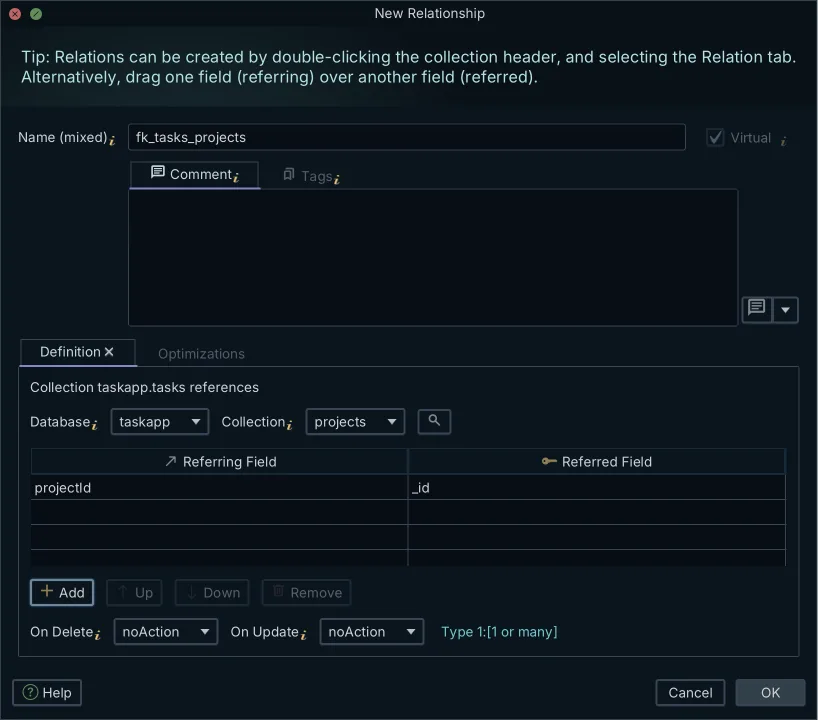 The DbSchema dialog for declaring a virtual relationship between two MongoDB collections