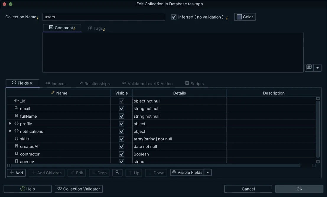 DbSchema Edit Collection dialog for a MongoDB users collection, field types inferred from sampled documents and the header checkbox reading Inferred (no validation)
