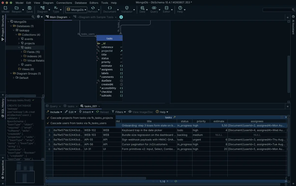 Data Explorer Include menu offering cascades from a MongoDB tasks collection to projects and users through two virtual relationships