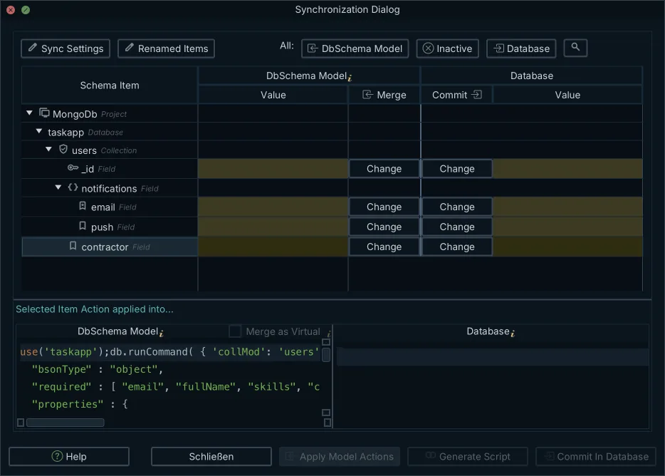 Synchronization Dialog comparing a MongoDB model with the live database: highlighted field differences under the users collection (_id, email, push, contractor) and the collMod script shown on the model side