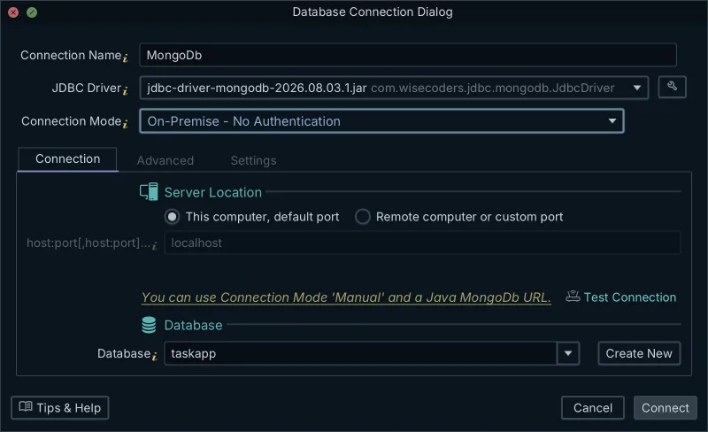MongoDB connection dialog in DbSchema with the bundled JDBC driver and On-Premise mode
