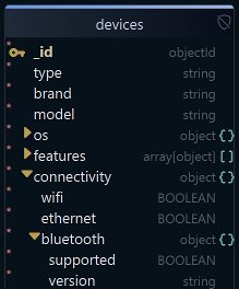A MongoDB collection in a DbSchema diagram with its embedded connectivity object shown as a nested block