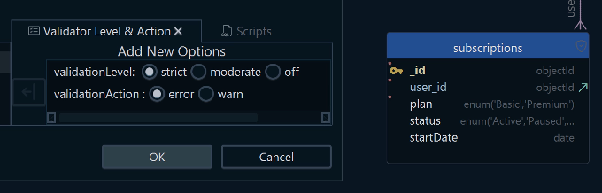 Editing the validation rule of a MongoDB collection in DbSchema, with the validation level set on the rule