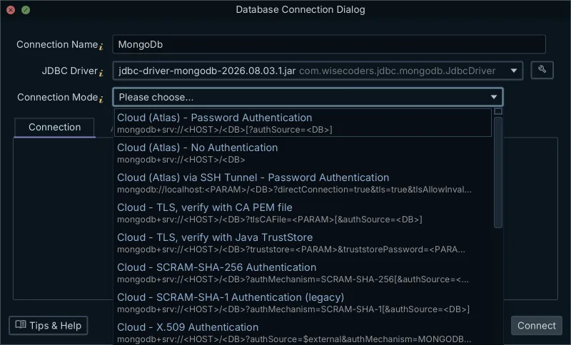 The MongoDB connection-mode list in DbSchema, each mode showing the mongodb:// or mongodb+srv:// URI template it expects