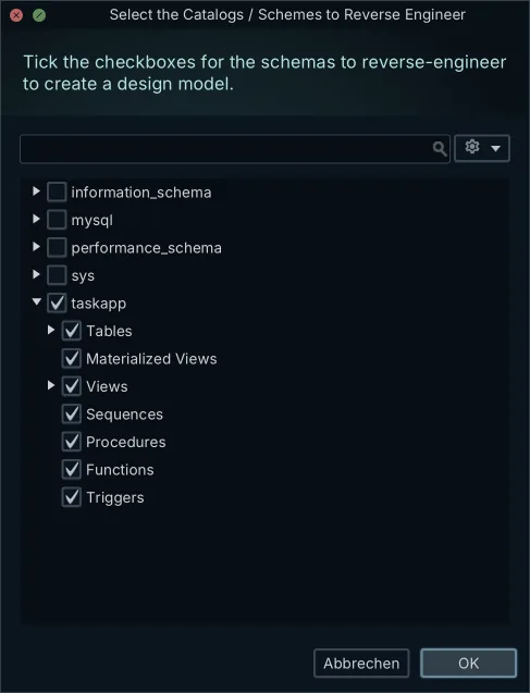 DbSchema's schema selection dialog for a MySQL connection, with tables, views, procedures, functions and triggers each tickable