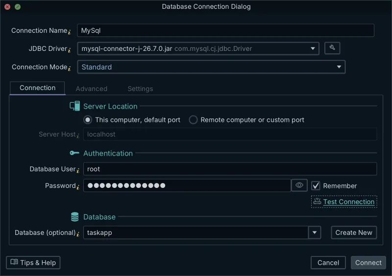 DbSchema connection dialog filled in for a MySQL 8 database, showing host, user, password and Test Connection