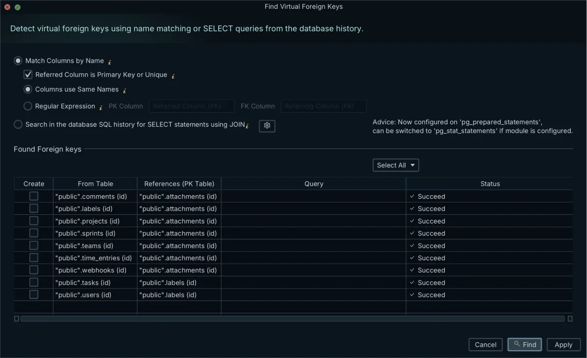 DbSchema's Find Virtual Foreign Keys dialog proposing relationships between tables that carry no declared foreign key