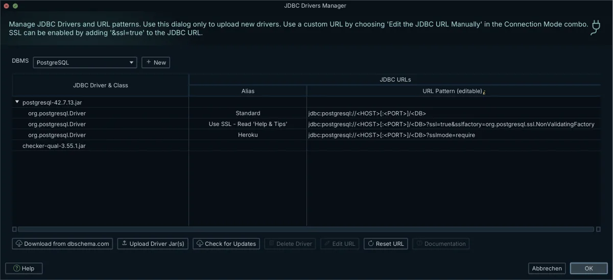 DbSchema's JDBC Drivers Manager, showing the bundled driver jar per database engine