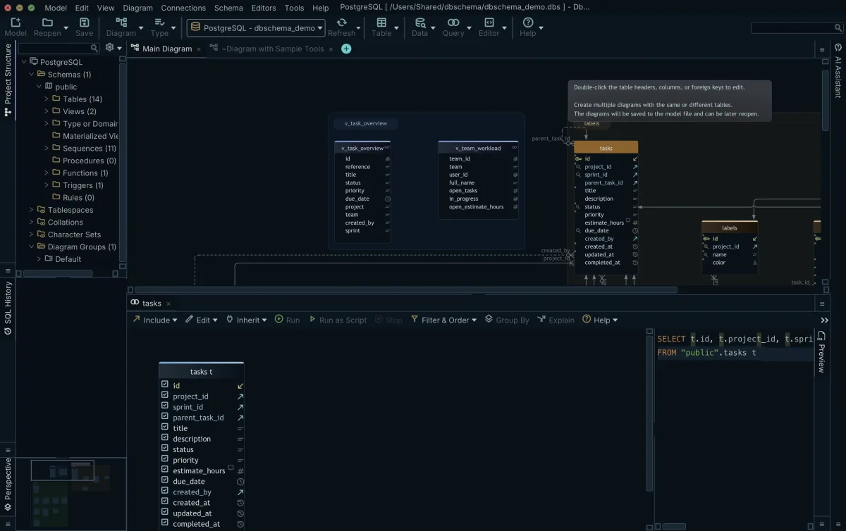 DbSchema Query Builder with a PostgreSQL tasks table on the canvas, every column ticked and the generated SELECT in the live preview pane