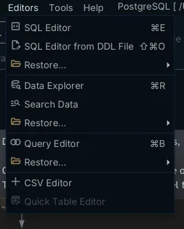 DbSchema Editors menu listing SQL Editor, Data Explorer and Query Editor, each with its own Restore submenu for editors saved in the model