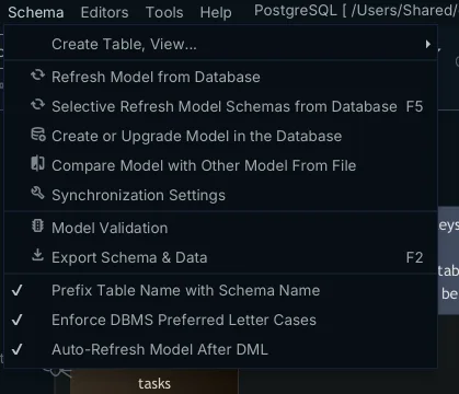 DbSchema's Schema menu, where model-to-database synchronisation is invoked by hand