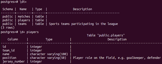 Comments as seen through psql