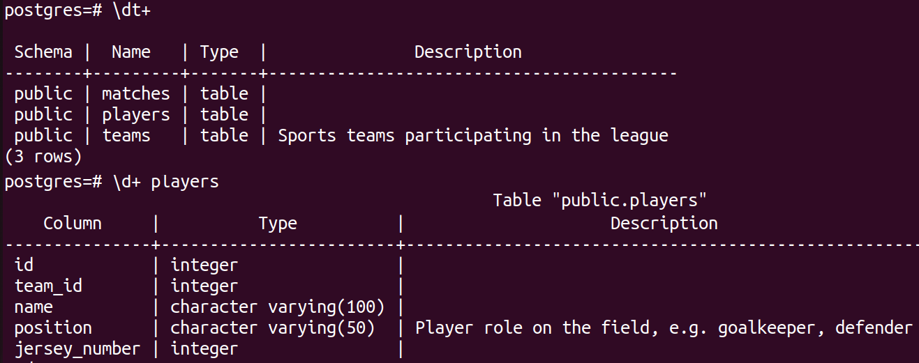Comments as seen through psql