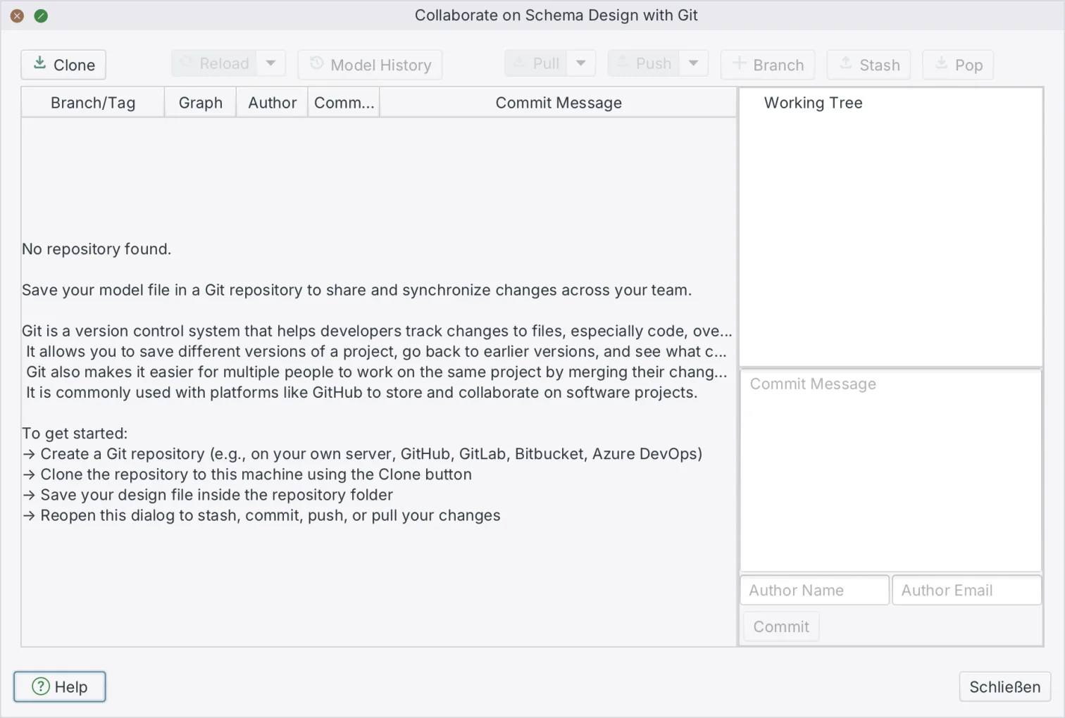 Model > Git Collaboration in DbSchema, the built-in flow for sharing a model file through a Git repository
