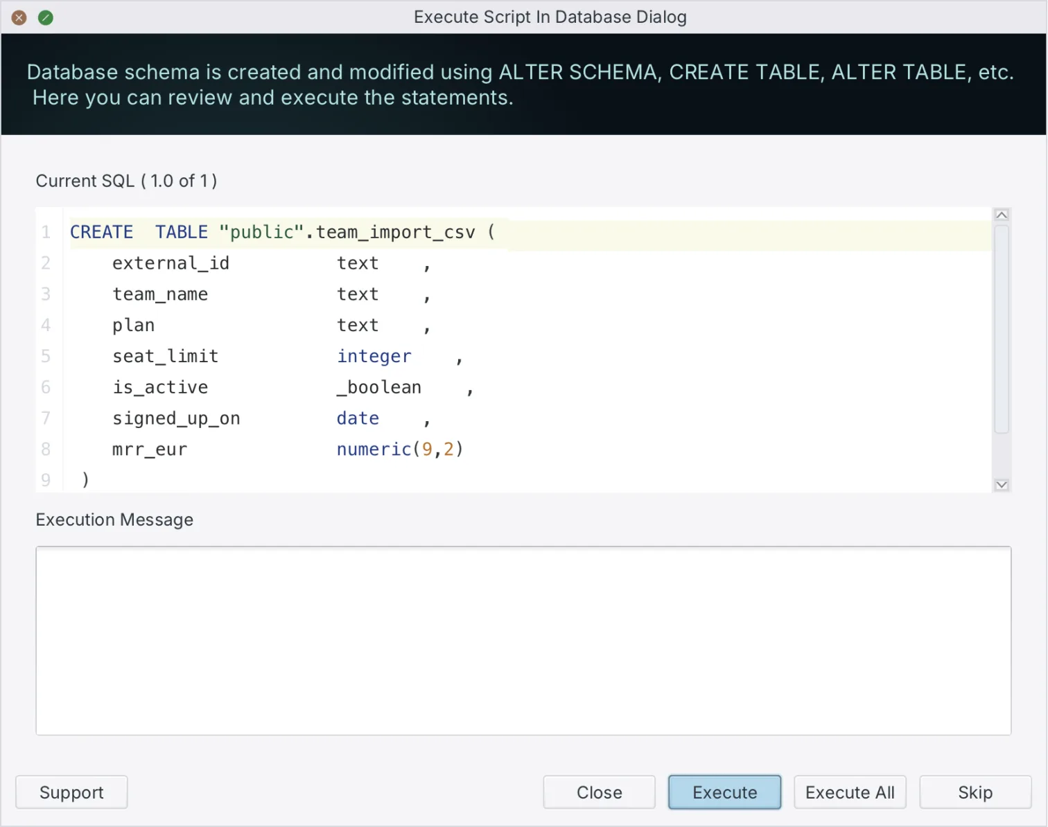 The Execute Script In Database dialog, stepping through the generated DDL statement by statement
