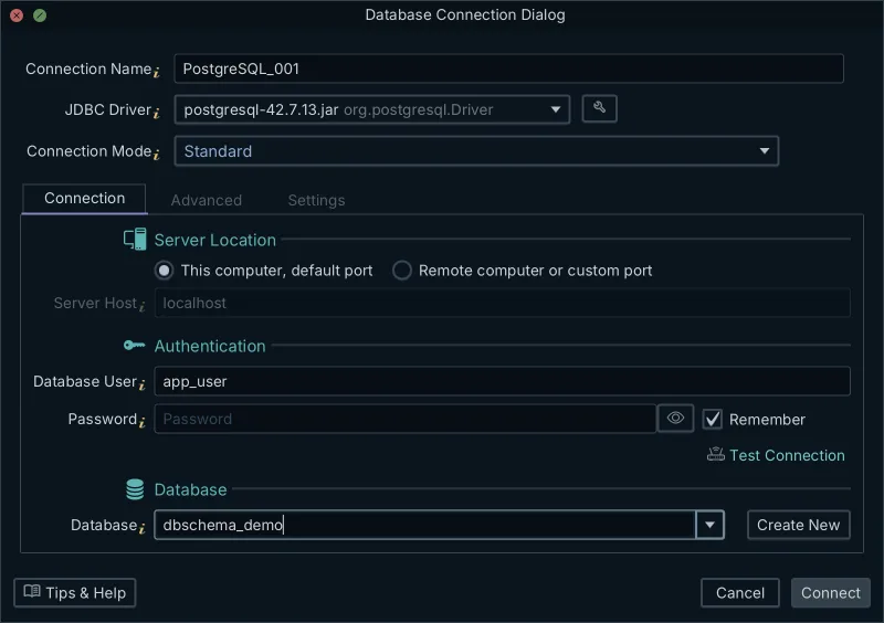 DbSchema connection dialog filled in for a PostgreSQL database, the input no prompt-based generator accepts