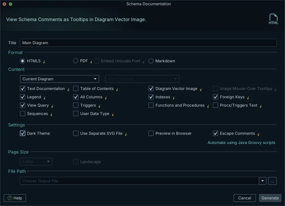 DbSchema's Schema Documentation export dialog with HTML5, PDF and Markdown output options