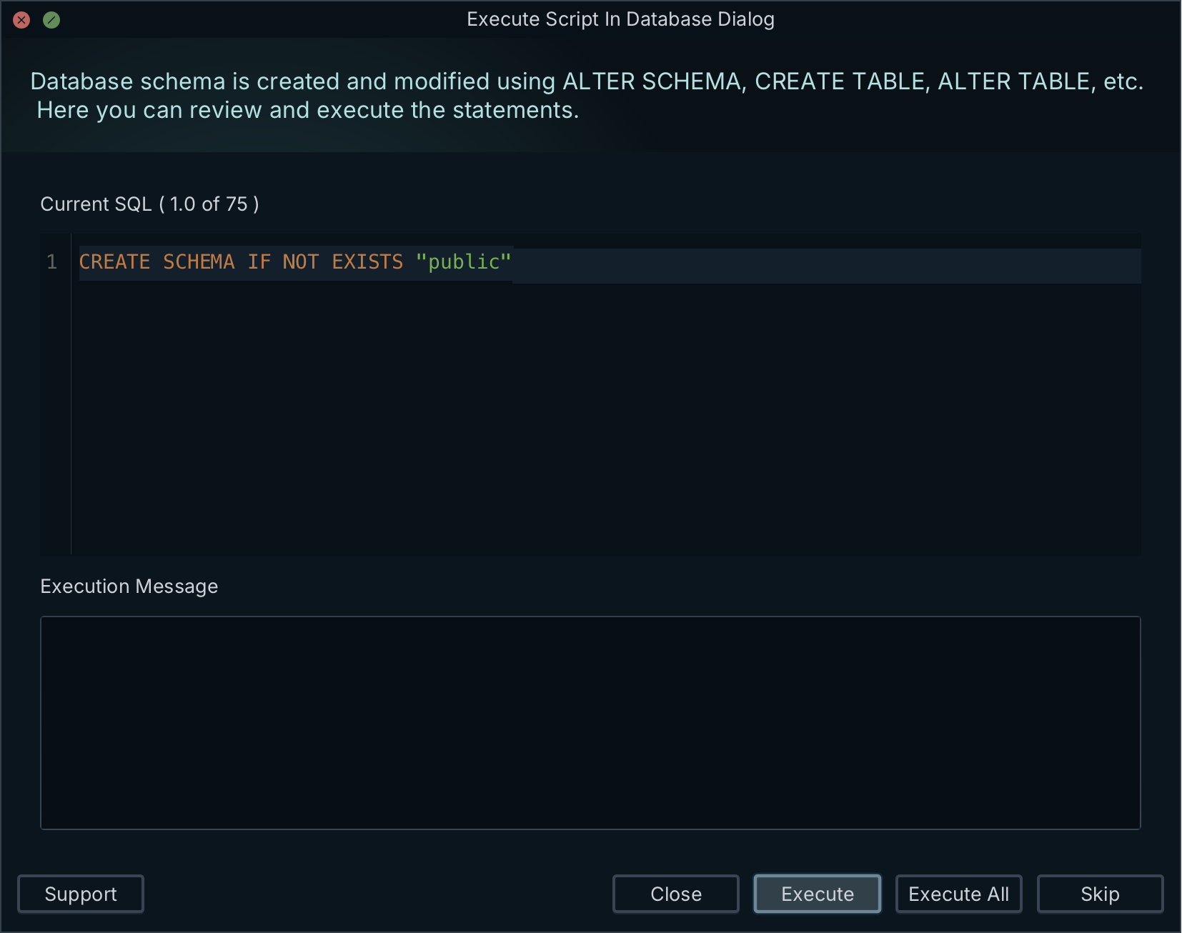 DbSchema generated migration script in the Execute Script In Database dialog