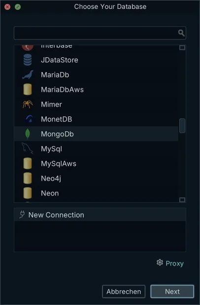 The Choose Your Database engine picker in DbSchema, listing SQL and NoSQL engines side by side with MongoDb selected