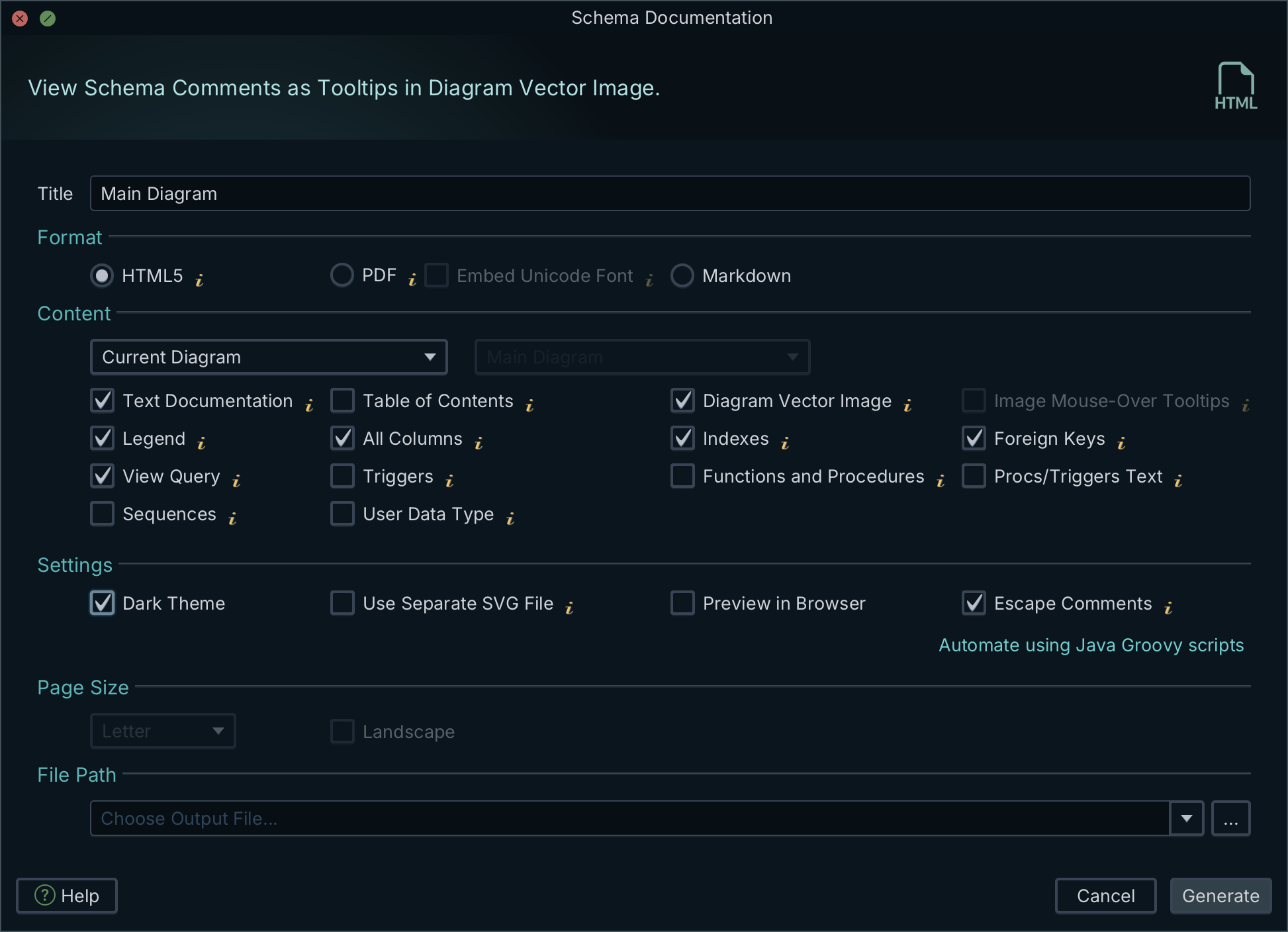 DbSchema documentation export dialog with HTML5, PDF and Markdown output and per-section content toggles