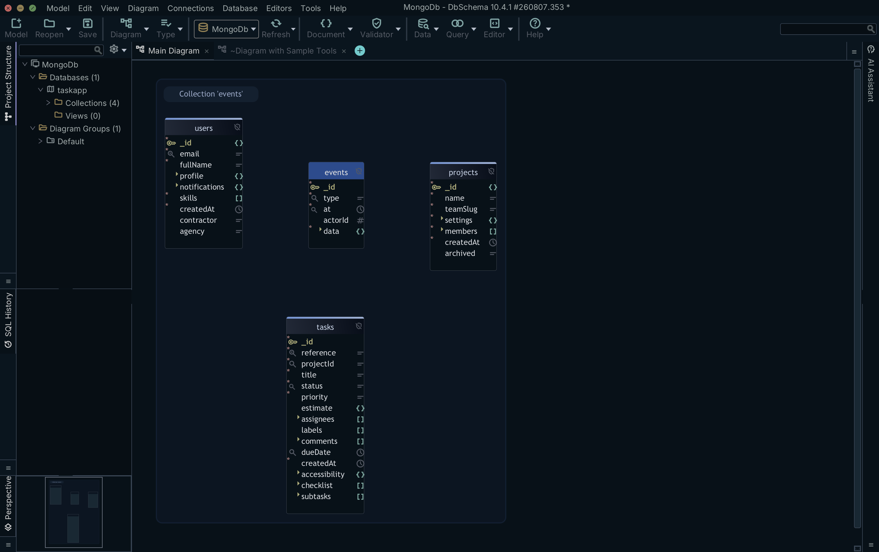 MongoDB collection structure inferred from sampled documents in DbSchema