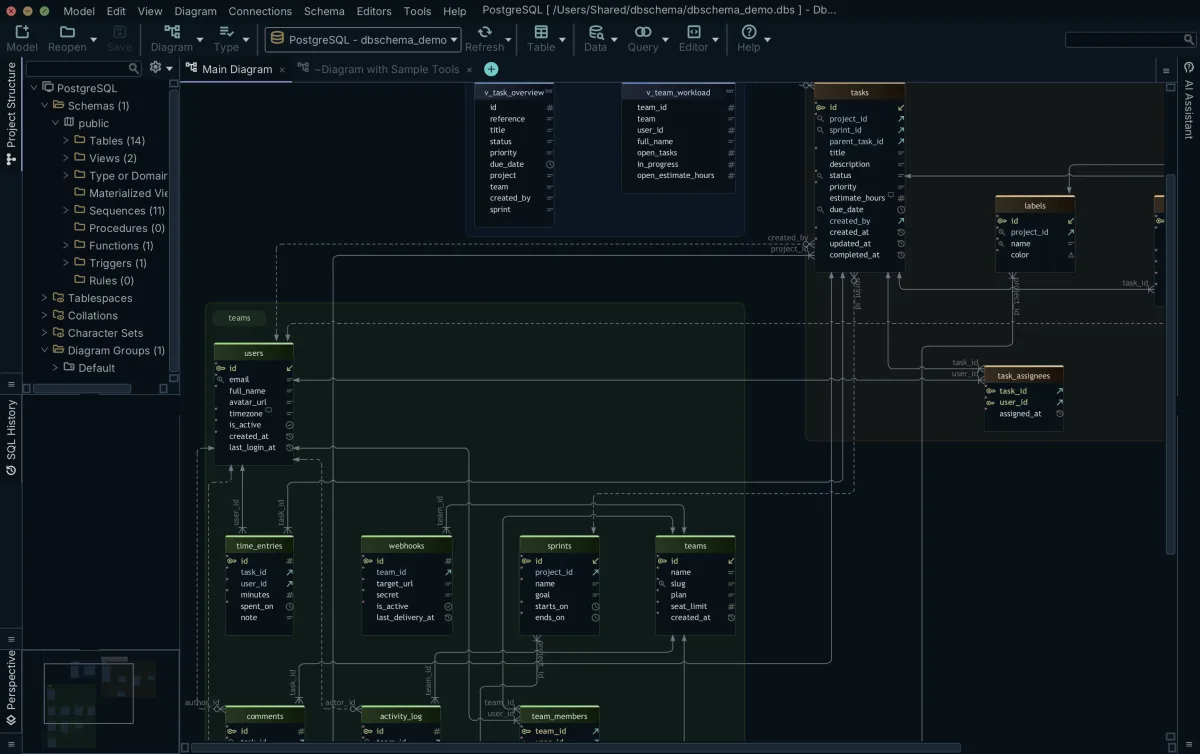 The dbschema_demo model open in DbSchema and connected to PostgreSQL, with a project tree listing 14 tables and 2 views beside an ER diagram of those tables and the foreign-key lines routed between them.